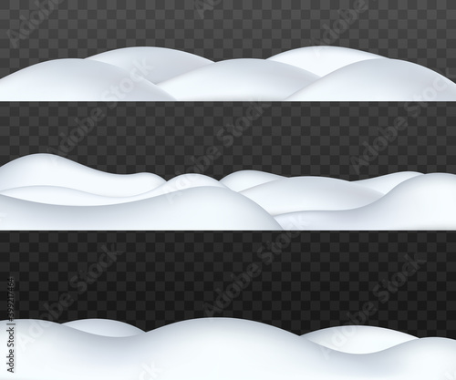 Set of winter snowdrifts lower borders, realistic vector illustration isolated.