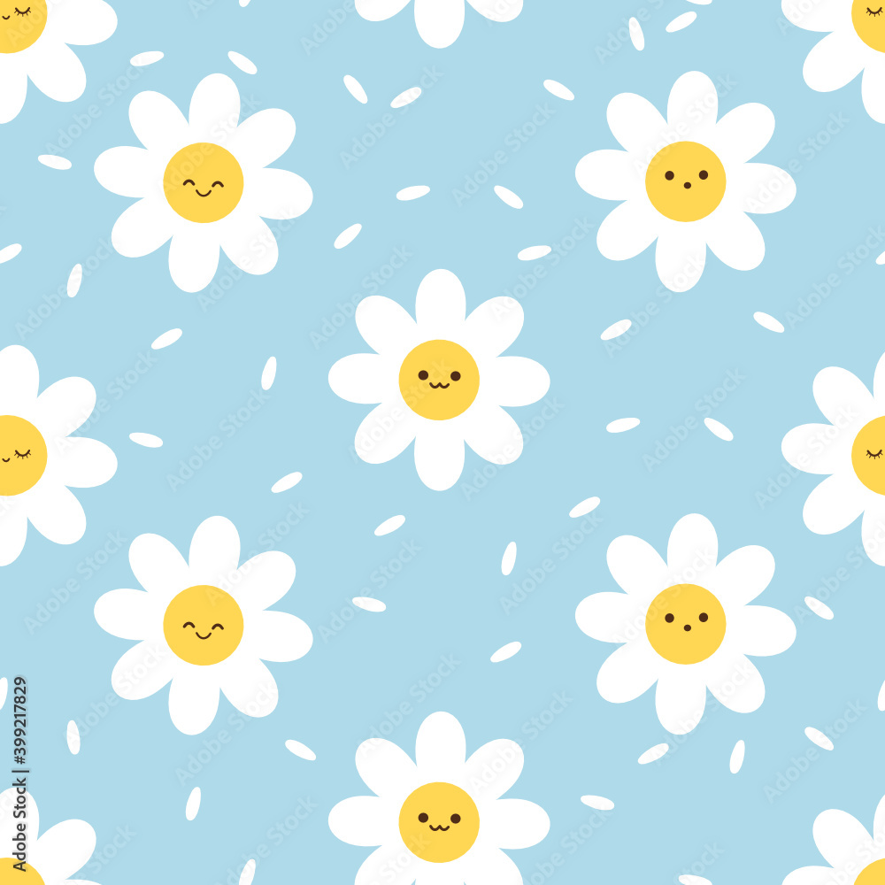 Seamless pattern with daisy flower and little petals on a blue background vector illustration. Cute cartoon character. Seamless pattern with daisy flower and little petals on a blue background vector illustration. Cute cartoon character.