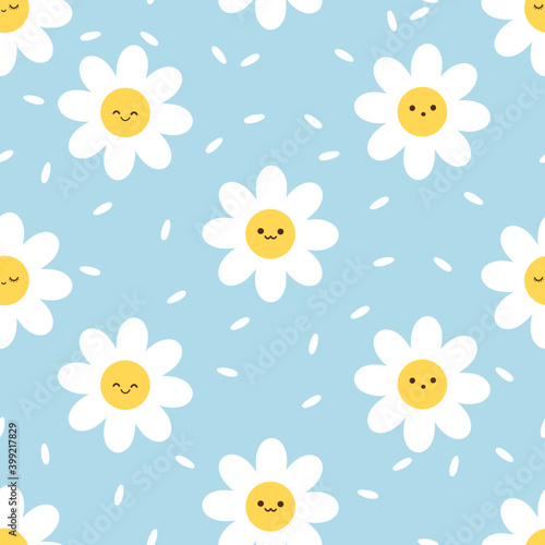 Seamless pattern with daisy flower and little petals on a blue background vector illustration. Cute cartoon character.