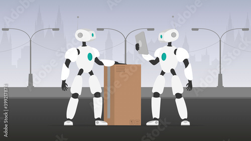 Shipment and delivery of goods for customers. A robotic courier delivering a parcel. Automated process. Vector.