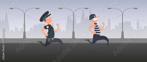 Illustration of a policeman chasing a thief. The criminal escapes through the city from the policeman. Vector.