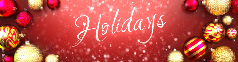 Holidays and Christmas card, red background with Christmas ornament balls, snow and a fancy and elegant word Holidays, 3d illustration Holidays and Christmas card, red background with Christmas ornament balls, snow and a fancy and elegant word Holidays, 3d illustration