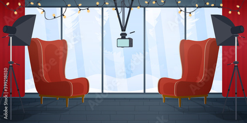 Video recording studio with a large panoramic window and red vintage armchairs. Softbox, camera, red curtains, vlog room. Vector.