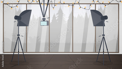 Video recording studio with a large panoramic window. Softbox, camera, red curtains, vlog room. Vector illustration.