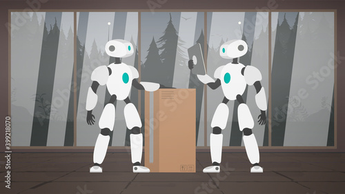 Robotic courier delivering cargo. Automated process. Shipment and delivery of parcels for clients. Vector.