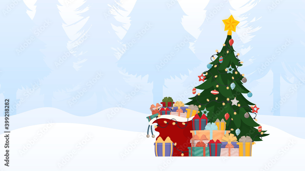 New Year in the snowy forest. Heap of large colorful wrapped gift boxes with ribbon bows lying under the tree.