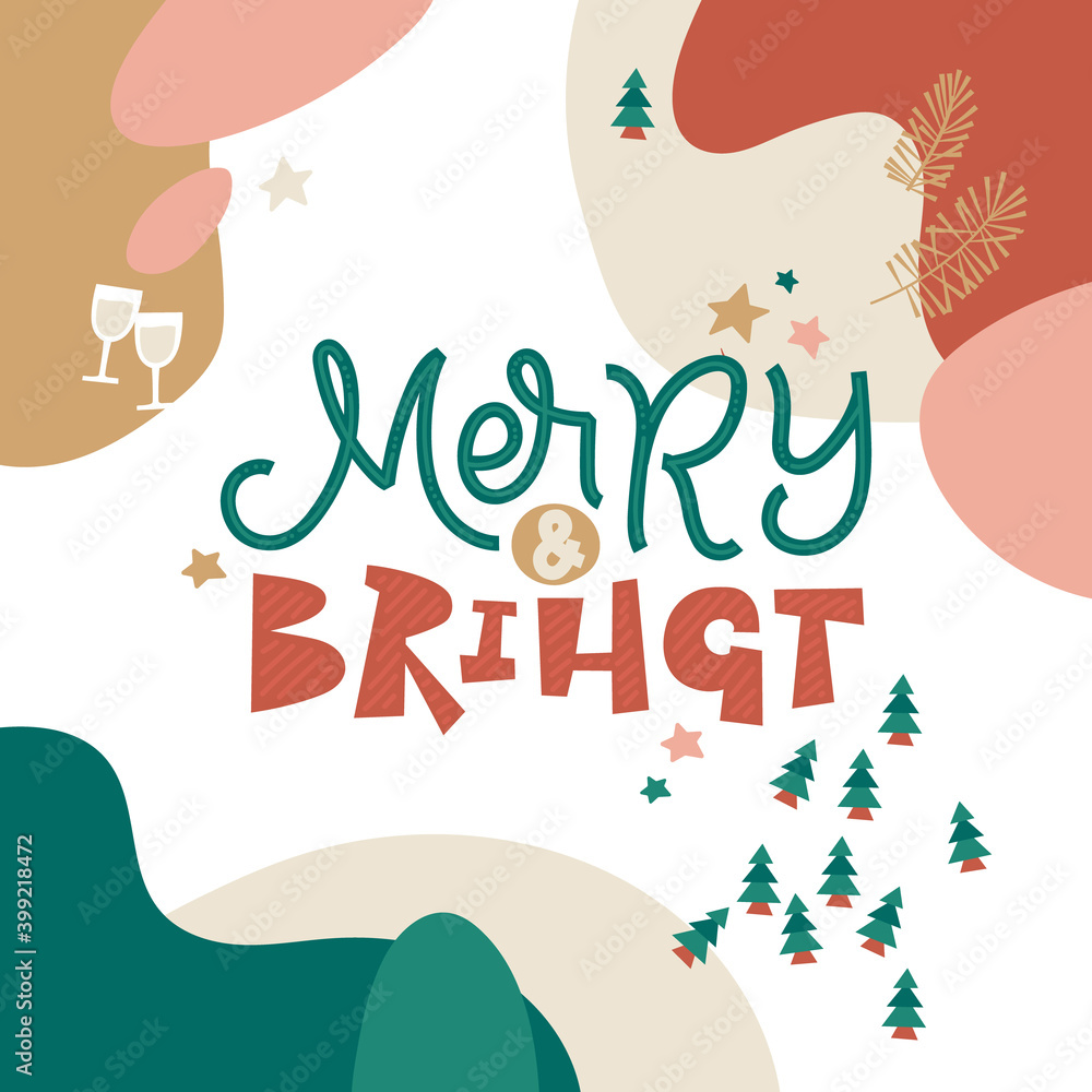 Fototapeta premium Merry Christmas Modern Greeting Card. Merry and Bright. Doddle Simple Retro Poster Season's Greeting
