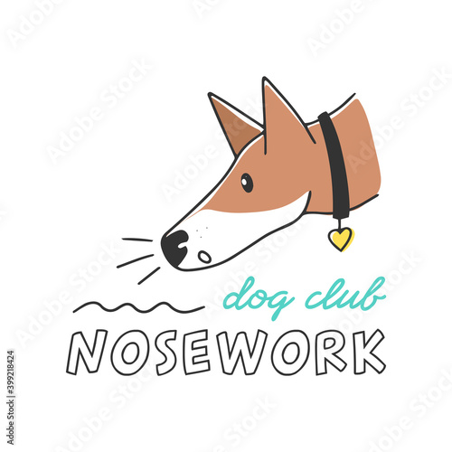 Vector hand drawn sniffing dog. Nosework club emblem with text, isolated on white background