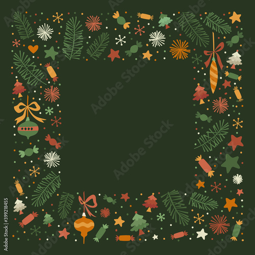 Merry Christmas Doodle Frame. Greeting Card Design on Green Background. Square vector Illustration. Super Trendy Design