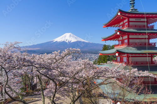 山梨県からの富士山と五重塔と桜