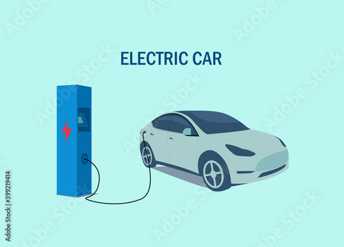 Electric car charging its battery on blue background