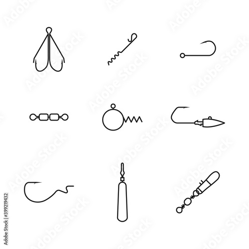 Set of different spinning fishing accessories and tackles, vector illustration.