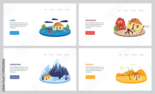 Natural disaster set - flood, earthquake, snowstorm and drought.