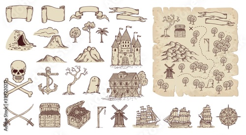 Pirates island Treasure Map set in engraved style vector illustration isolated.