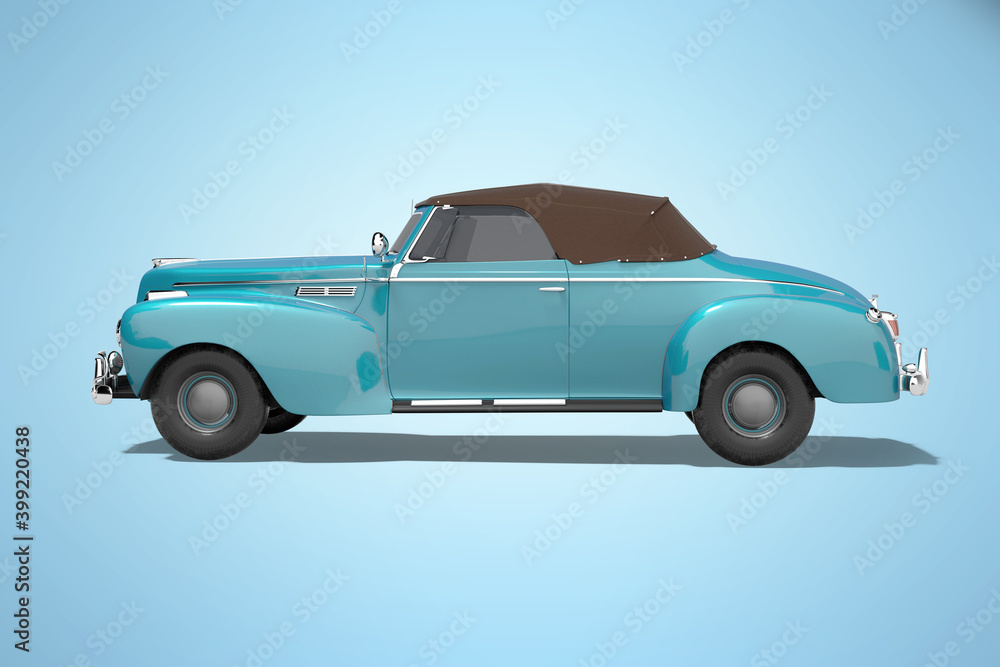 3d rendering blue classic convertible leather car side view isolated on blue background with shadow