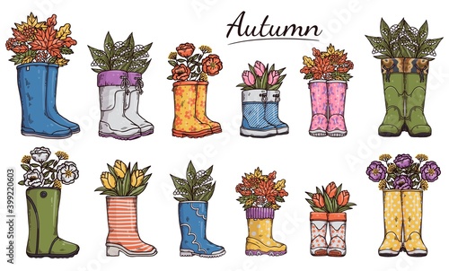 Set of gumboots or wellies with leaves and flowers vector illustration isolated