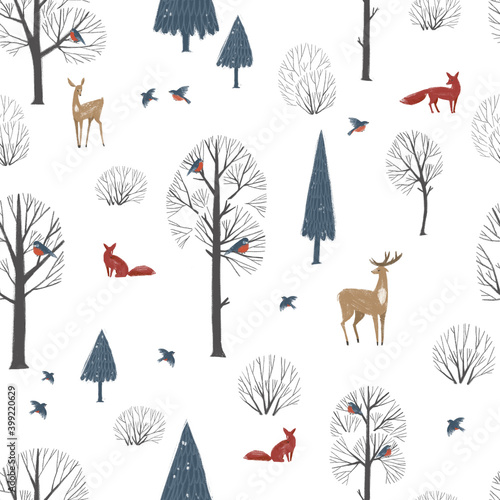 Seamless pattern with winter forest animals and trees. Winter lanscape.