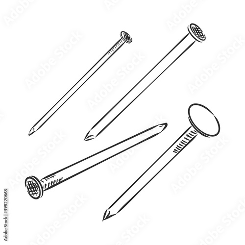 Vector hand drawn illustration of metal nail. iron nail vector sketch illustration