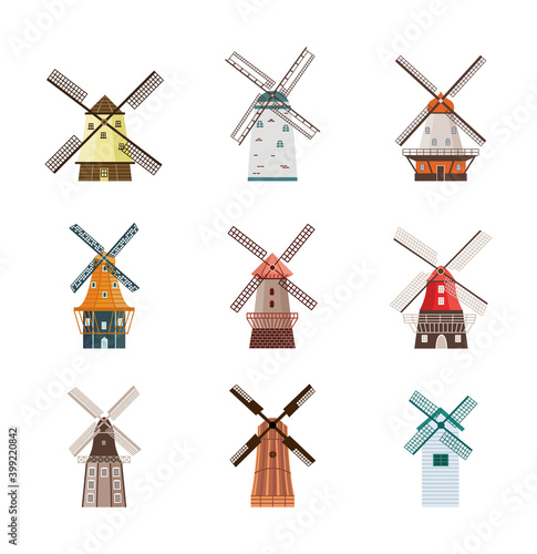 Set of colorful cartoon windmills icons flat vector illustration isolated.
