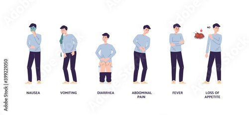 Poisoning symptoms with man feels discomfort flat vector illustration isolated.
