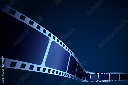 Realistic 3D film strip in perspective. Modern cinema background. Festive design film frame with place for text. Movie template for festival brochure, ticket, leaflet, banner or flyer. Cinema poster.
