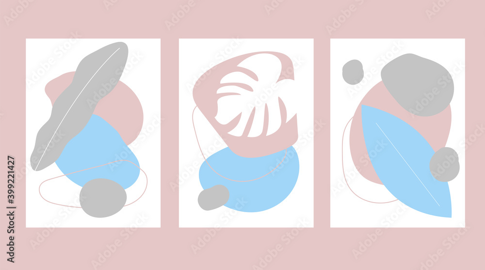 Set of posters with abstract shapes and leaves