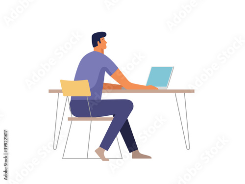 Young man working on the computer programmer, business analysis, design, strategy. Vector illustration.