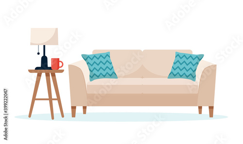 Modern sofa with a side table, cute interior illustration in flat style