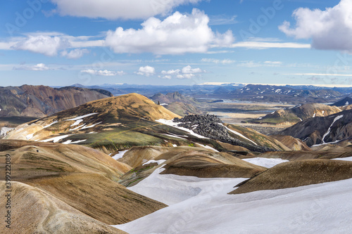 View over rhyolitic Rainbow mountains and lava field back and down to Landmannalaugar campsite, Laugavegur trek, Iceland photo
