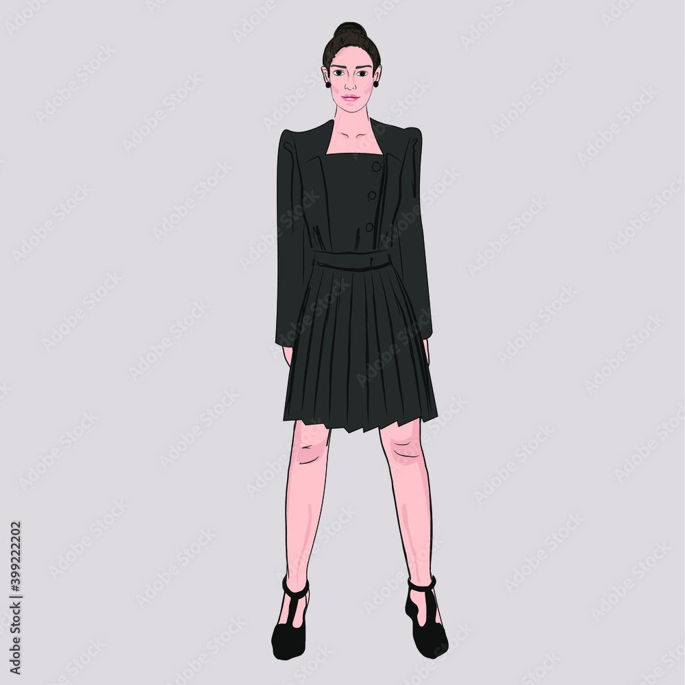Fototapeta premium Girls in fashionable clothes in different looks. Dress, down jacket, jeans and blouse. Pose, model. Clothing store. A set of different items of clothing, shoes, bags, accessories. Vector isolated