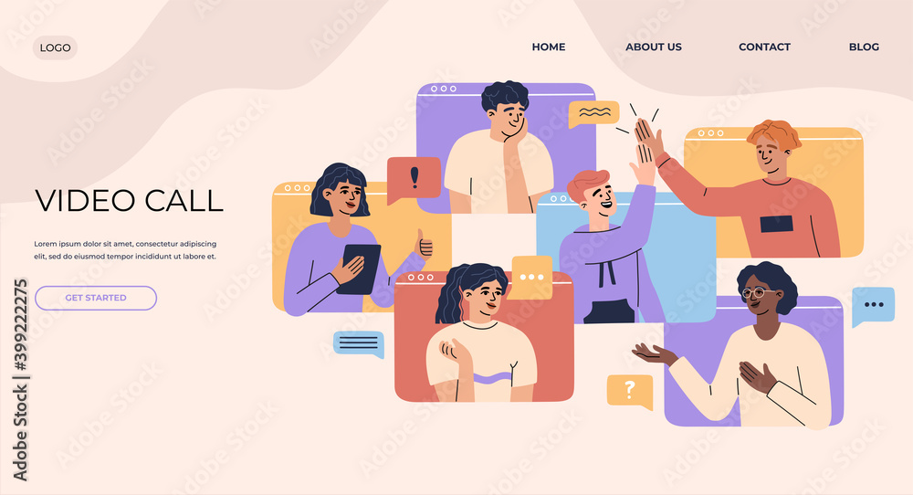 Video call landing page concept, banner of online chatting, conference with remote workers team at desktop, group of men and women have meeting, work from home. Vector illustration abstract background Video call landing page concept, banner of online chatting, conference with remote workers team at desktop, group of men and women have meeting, work from home. Vector illustration abstract background
