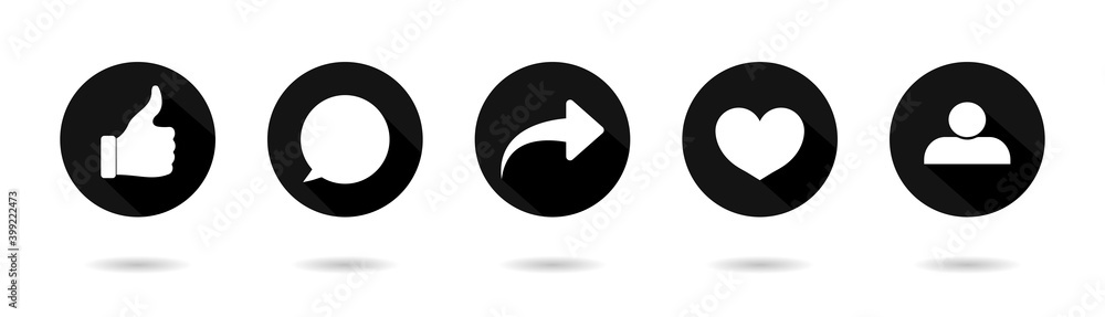 Icon of like, share, comment, repost. Buttons for social media. Logos of heart, post, love, arrow and send for message. Graphic symbols with shadow on white background. Set of signs for app. Vector Icon of like, share, comment, repost. Buttons for social media. Logos of heart, post, love, arrow and send for message. Graphic symbols with shadow on white background. Set of signs for app. Vector