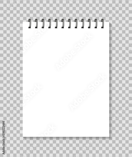 Notebook with spiral. Mockup of paper notepad. White template of realistic of diary for note. Blank vertical copybook with rings of spiral. A5, A4 pages with binder for memo and education. Vector