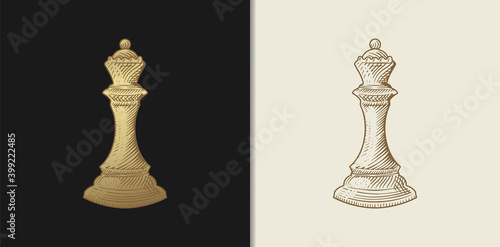 Luxury gold chess queen, hand drawn engraving style. Chess piece in vintage style