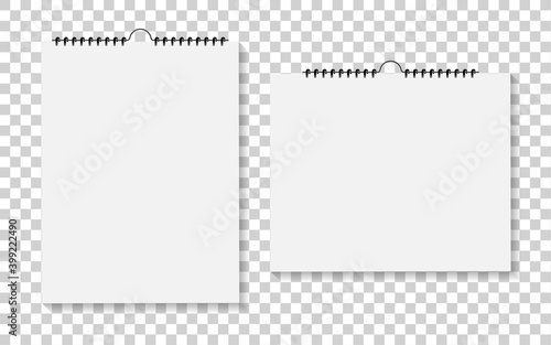 Notebook or calendar with bound of spiral. Mockup of notepad and calender on wall. Paper pads for note and memo isolated on transparent background. White blank sketchpad with ring and cover. Vector