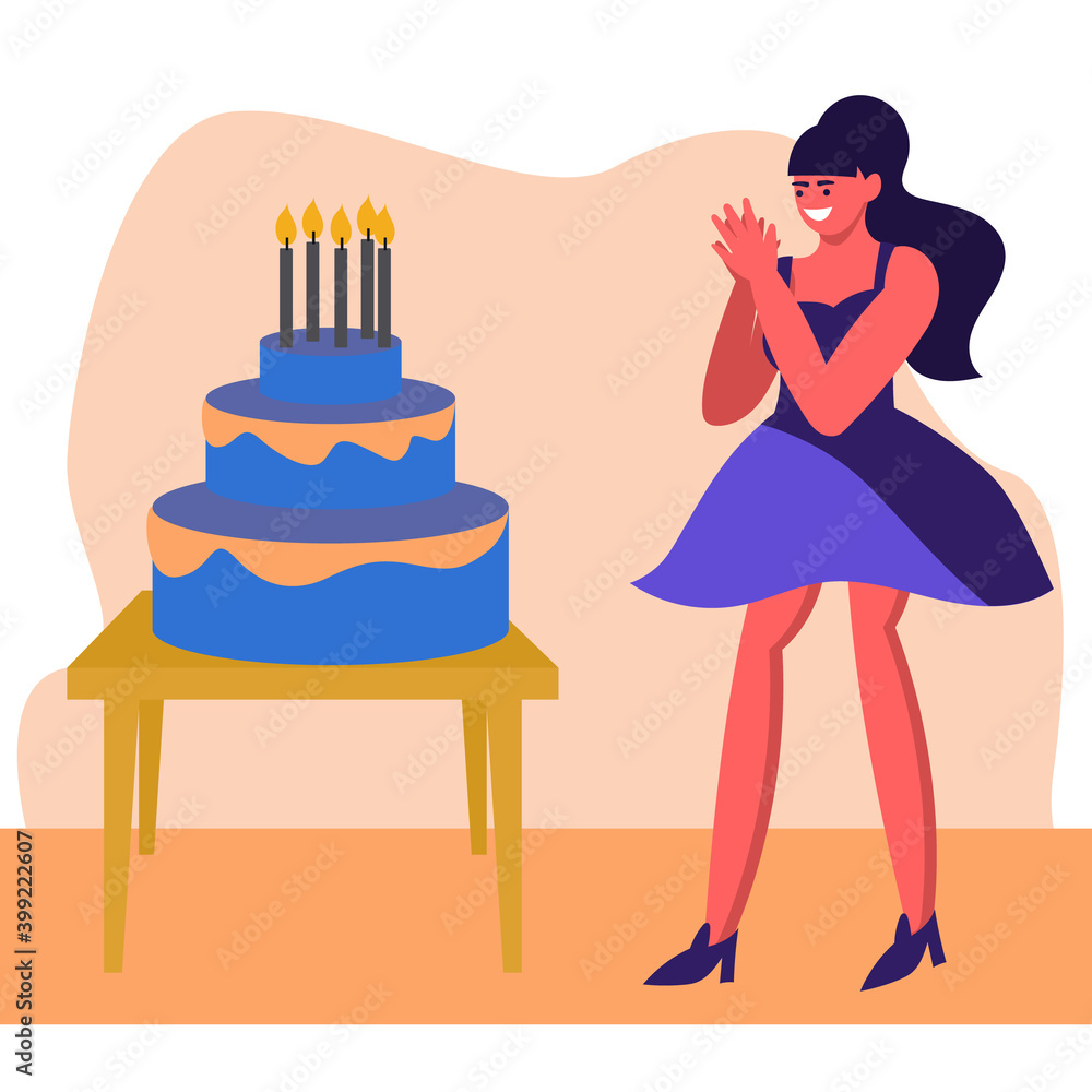 Obraz premium The girl was given a birthday cake, the girl is happy with the gift, claps her hands. Happy birthday girl. The concept of the celebration. Vector illustration is flat.