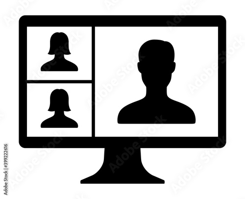 Remote work, remote learning or online video meeting with three mixed gender people flat vector icon for apps and websites