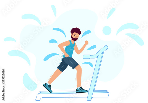 An adult male runs on a treadmill and sweats. Man is Jogging on a white background.Vector illustration in modern flat style. Fitness club, gym tool.