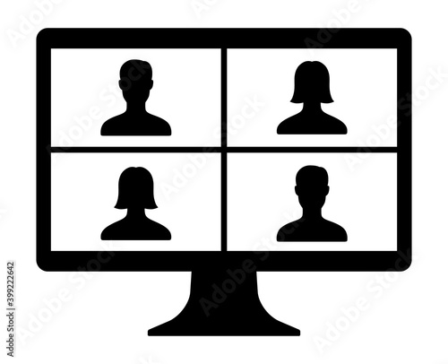 Remote work, remote learning or online video meeting with four mixed gender people flat vector icon for apps and websites