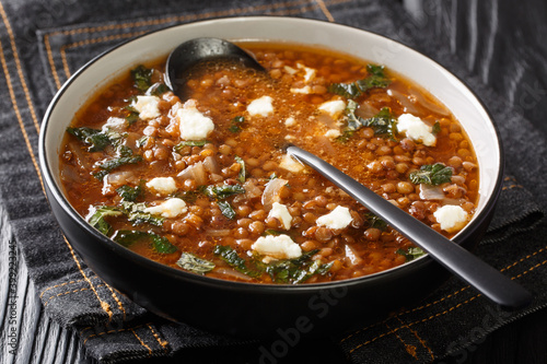 Greek soup with lentils close-up in a plate on the table. horizontal