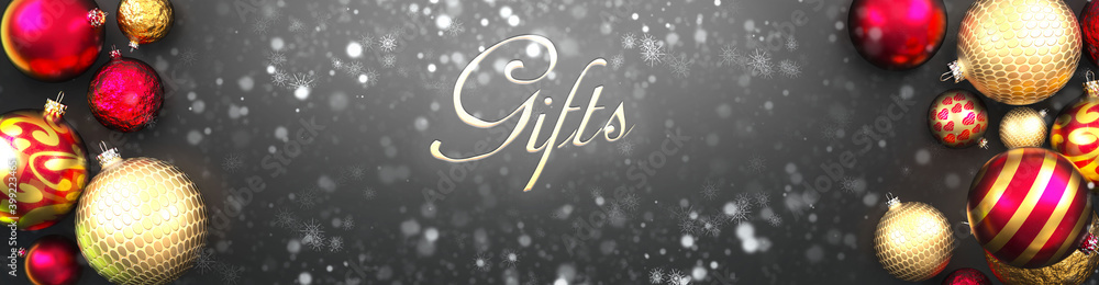 Gifts and Christmas,fancy black background card with Christmas ornament balls, snow and an elegant word Gifts, 3d illustration Gifts and Christmas,fancy black background card with Christmas ornament balls, snow and an elegant word Gifts, 3d illustration