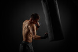 Male boxer punching in boxing bag on black background