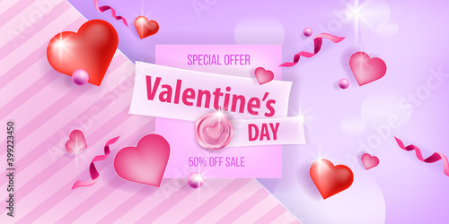 Happy Valentines Day vector love background, sale, offer or promotion card with hearts, confetti.Holiday romantic pink banner with papercut elements.Valentines Day February abstract violet background