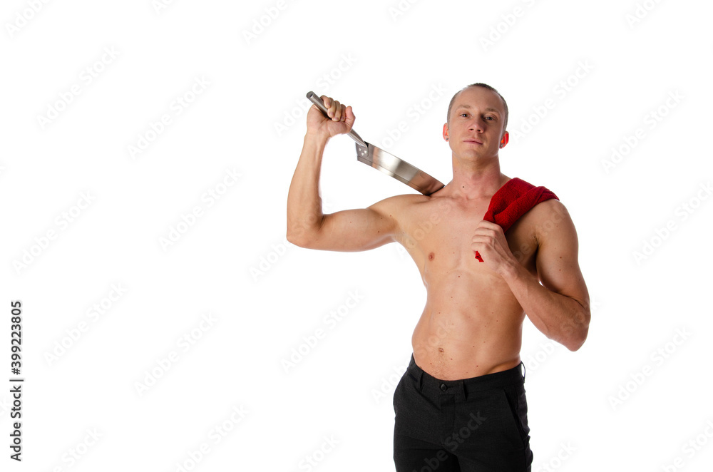 Sexy shirtless young chef or waiter posing, wearing black apron on naked body, isolated on white background. 