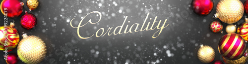Fotografie Cordiality and Christmas,fancy black background card with Christmas ornament bal