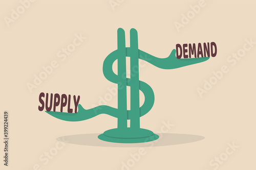 Demand and supply, economic model of price determination in a capital market concept, US dollar money sign with arm metaphor of balancing the word demand on the right and supply on the left.