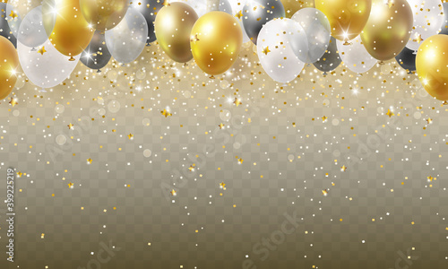 Balloon seamless border with shiny gold glitter and star confetti isolated on transparent background. Vector realistic golden festive 3d helium baloons banner for anniversary, birthday party design