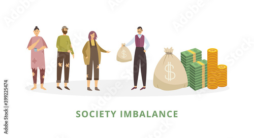 Rich man having a lot of money helps homeless poor people a vector illustration.
