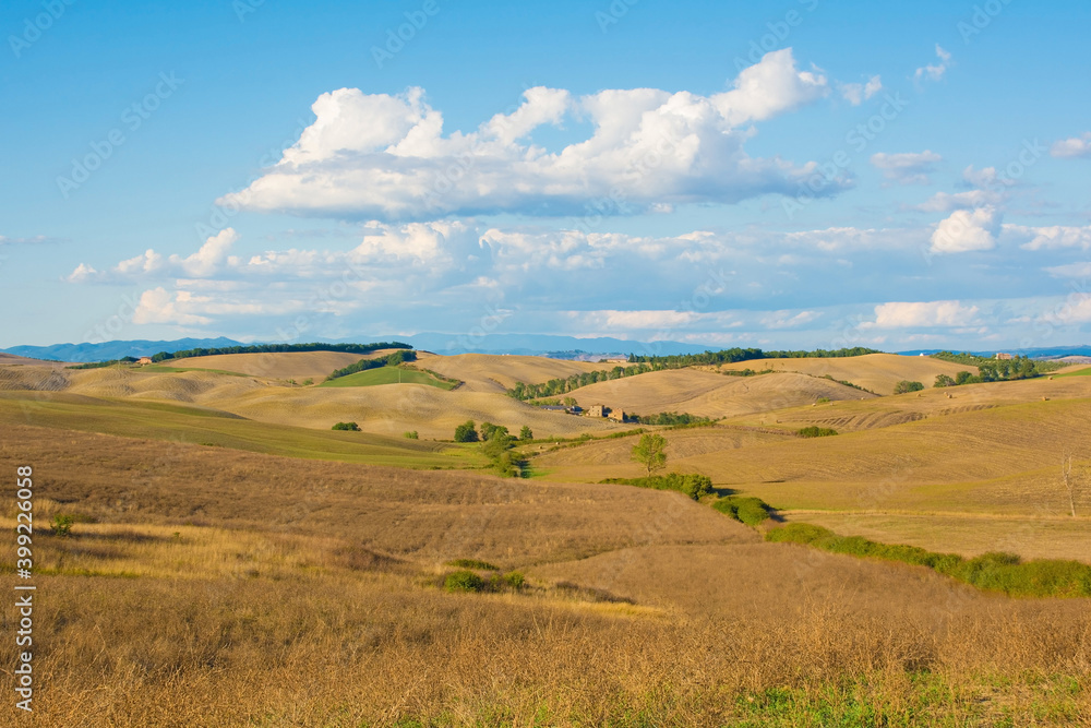 The late summer landscape around Bagno Vignoni in in Val d'Orcia, Siena Province, Tuscany, Italy