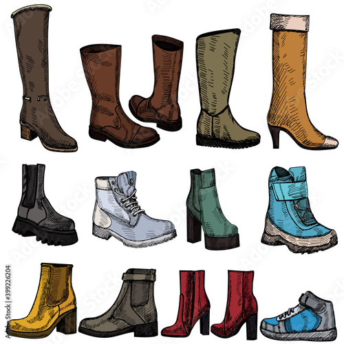 vector, isolated, hand drawn sketch shoes set